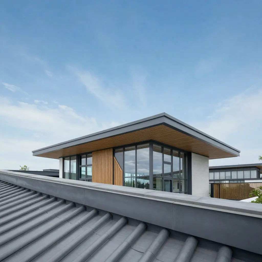 Modern contemporary house with flat overhanging roof, wood slat accents and large glass windows above grey tiled roof.