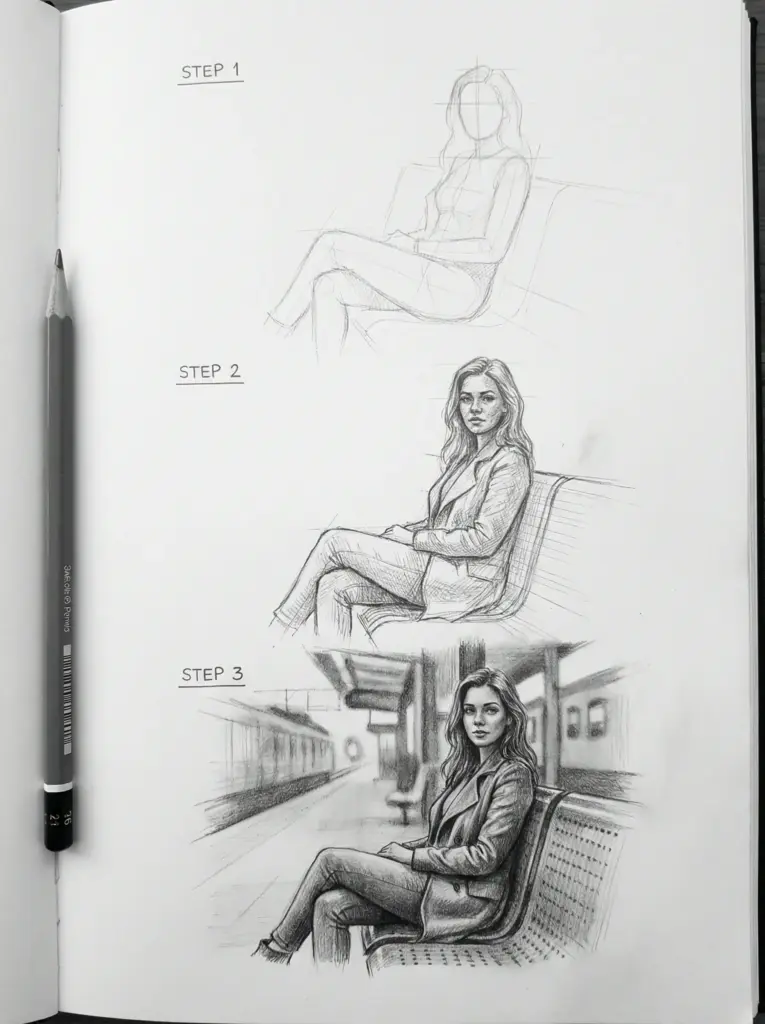 494906eaa3644576a9c6bda13f6a04d7 Step-by-step pencil drawing of a woman on a bench, evolving from outline to detailed sketch in a train station setting. | Sky Rye Design Step-by-step pencil drawing of a woman on a bench, evolving from outline to detailed sketch in a train station setting.