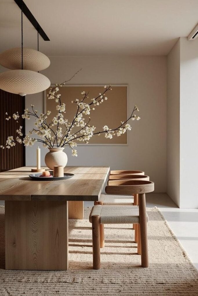 Minimalist dining room with solid wood table and woven chairs, vase of white blossoms centerpiece, neutral tones and soft natural light.
