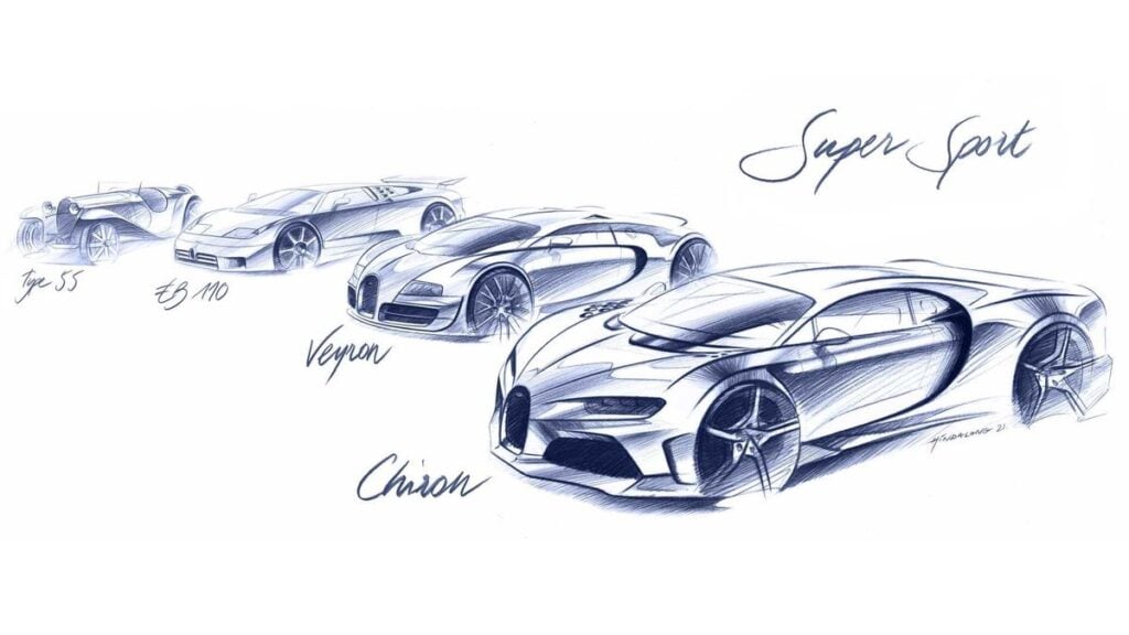 Blue pencil sketch showing evolution of Bugatti supercars: Type 55, EB110, Veyron and Chiron with Super Sport script