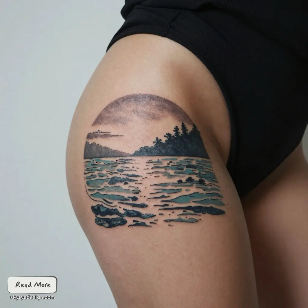Thigh landscape tattoo of moonlit lake with silhouetted pine trees and teal waves, minimalist circular design ideal for nature-inspired ink.