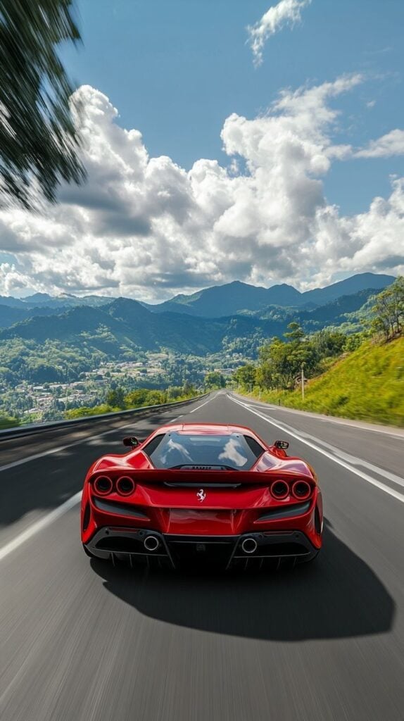 Red Ferrari sports car rear view speeding on a scenic mountain highway under a blue sky with dramatic clouds