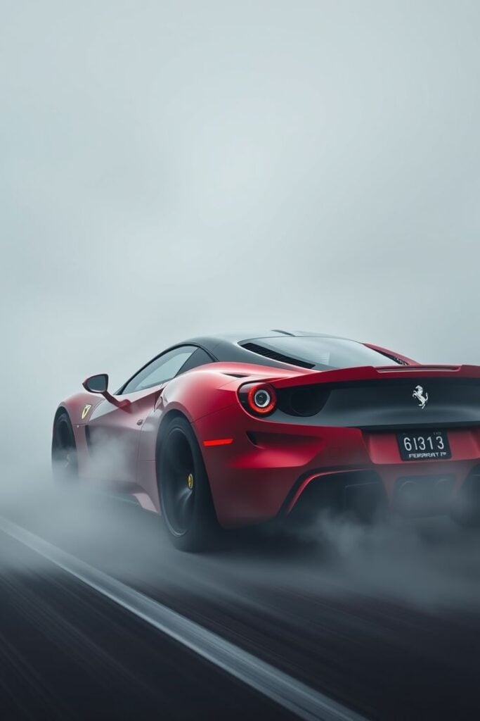 Red Ferrari supercar accelerating through fog on wet road, rear three-quarter view with motion blur and tire smoke.