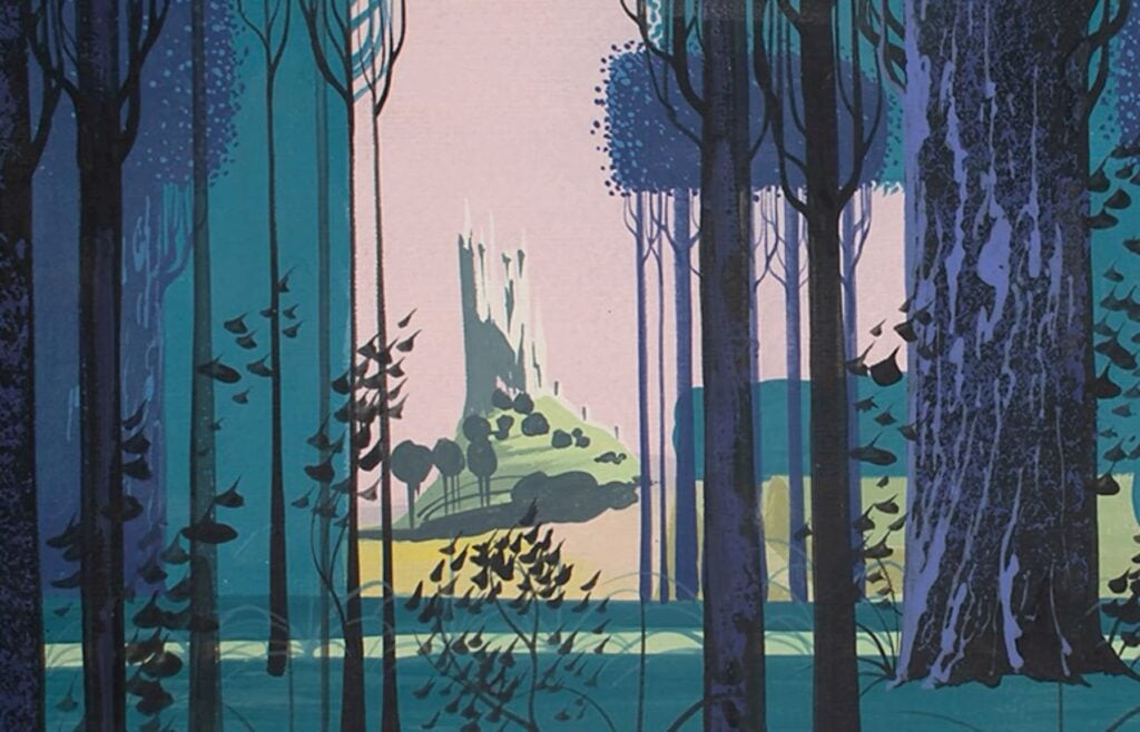 Forest illustration: stylized blue trees framing a sunlit hill with a distant castle under a pastel pink sky.