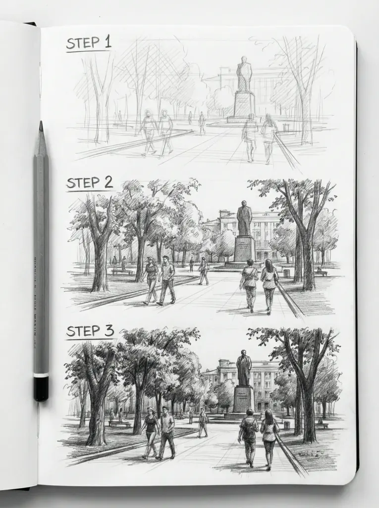 69eb1415ea3f4c69b7cfc1c4d95df69d Pencil drawing progression of a park scene in three steps, showing increasing detail with trees, people, and a statue. | Sky Rye Design Pencil drawing progression of a park scene in three steps, showing increasing detail with trees, people, and a statue.