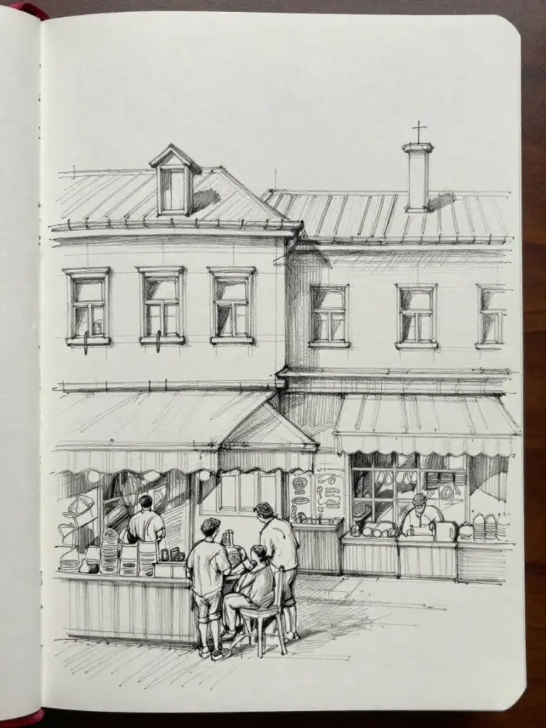 6a2e5a2fb2de4fe6a66fc82fcc4511b8 1 Ink drawing of a market scene with people at a food stall, showcasing detailed architecture and awnings, captured in a sketchbook. | Sky Rye Design Ink drawing of a market scene with people at a food stall, showcasing detailed architecture and awnings, captured in a sketchbook.