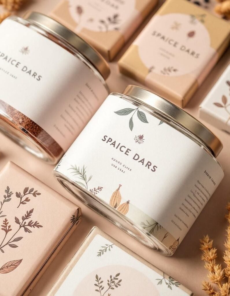 Glass spice jars and boxed spice packaging with botanical illustrations and gold lids, minimalist natural spice blend branding