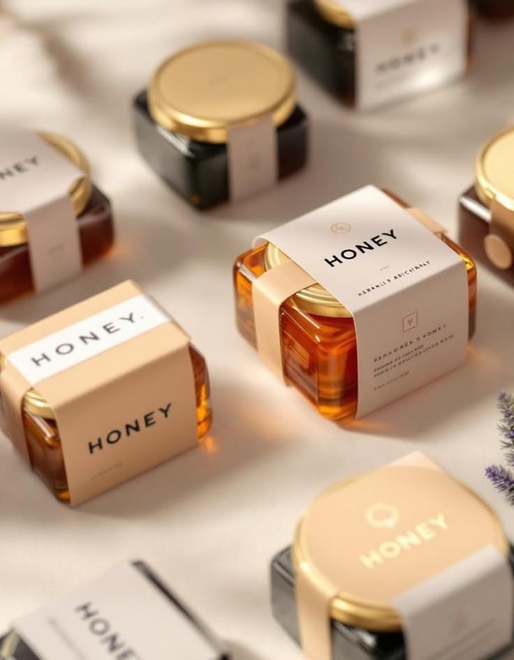 Artisan honey jars with minimalist beige labels and gold lids arranged on a cream backdrop, premium honey product packaging and gift set.