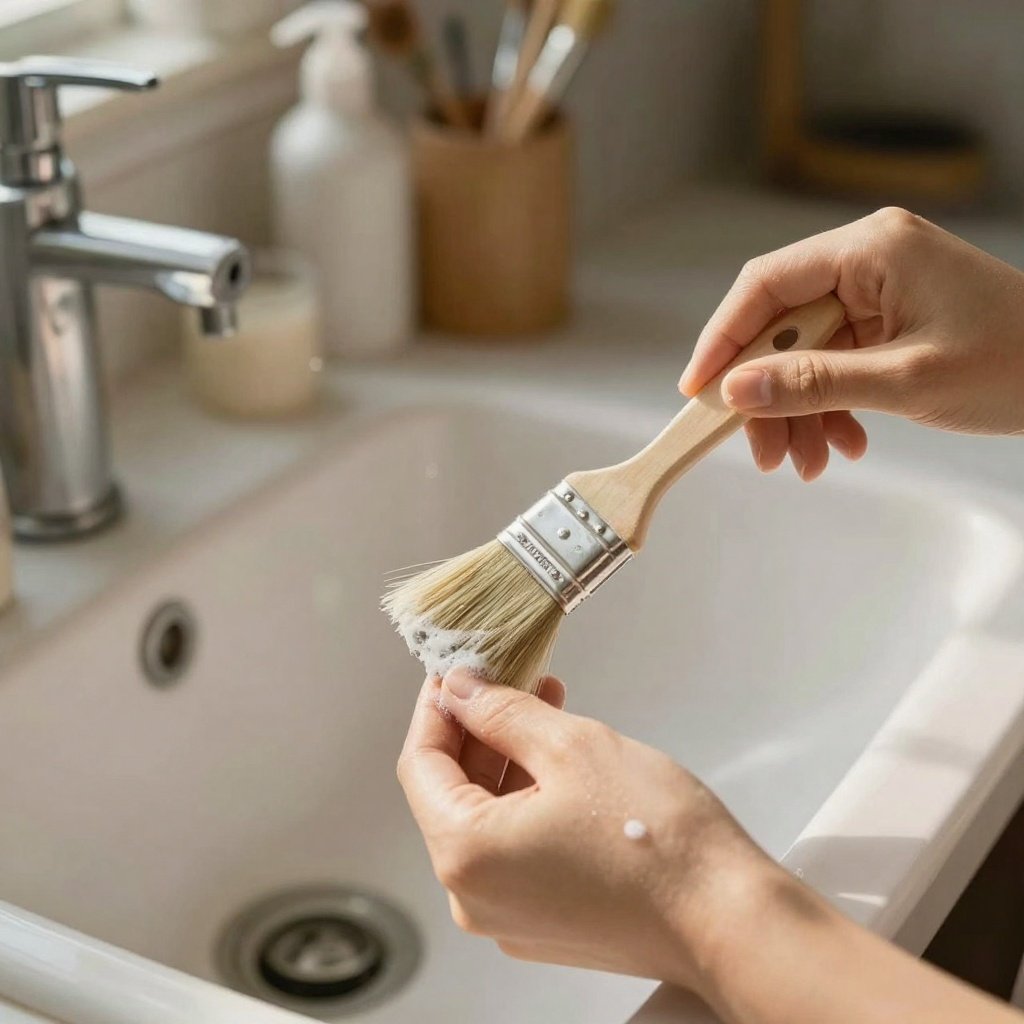 Cleaning paintbrush with soap in sink - close-up of hands washing a wooden-handled brush after DIY painting, brush care and cleanup process