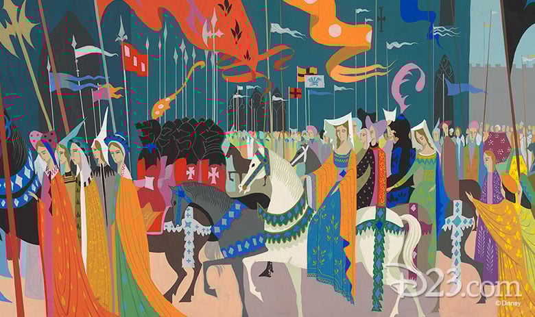 Medieval procession illustration: colorful Disney-style scene of knights and noblewomen on horses, banners and flags in a stylized parade