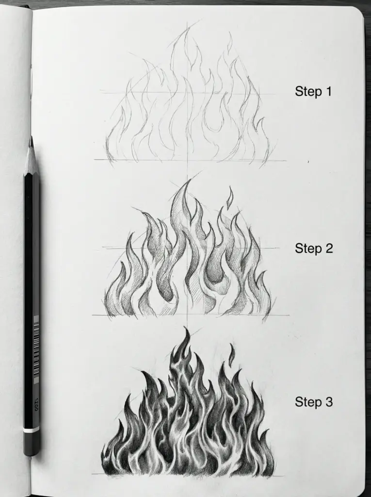 Pencil fire drawing tutorial, 3-step flame sketch: outline, detailing, and shading on a sketchbook page with a pencil.