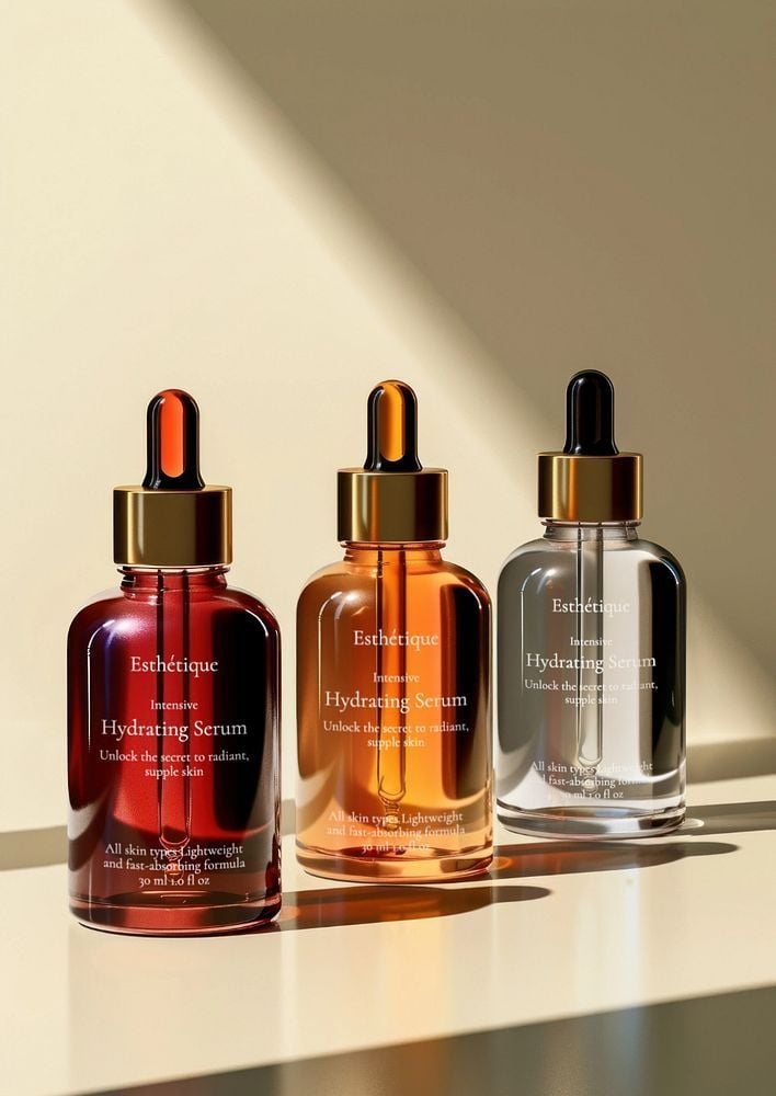 Three luxurious glass dropper bottles of Esthétique Intensive Hydrating Serum skincare in amber, red, and clear on a sunlit surface