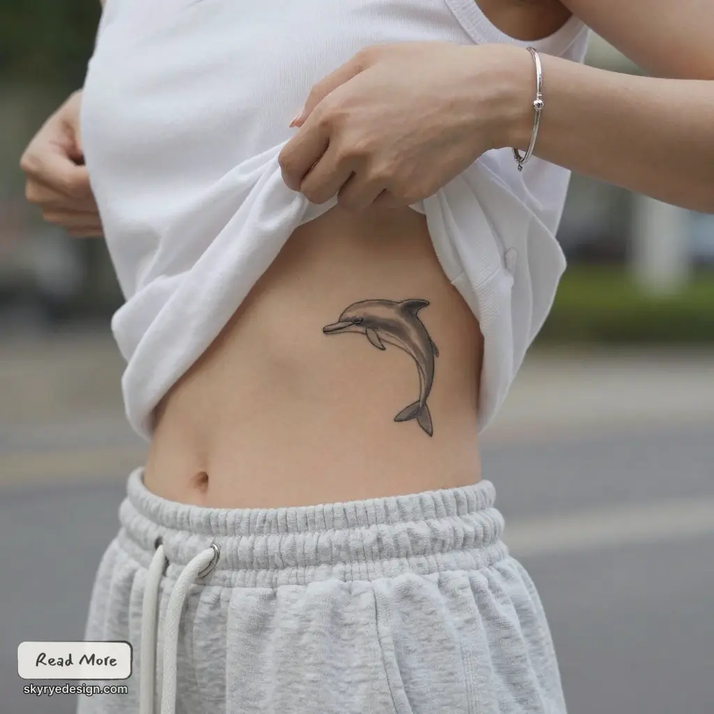 Close-up of person lifting a white tank to reveal a dolphin ribcage tattoo above gray sweatpants