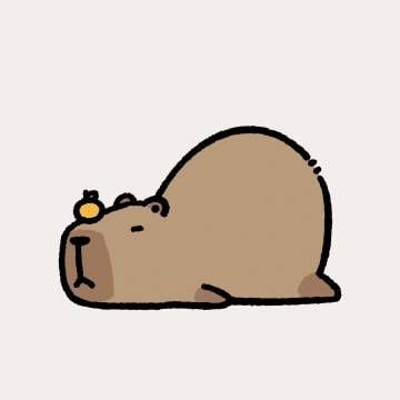 Cute kawaii cartoon brown capybara lying flat with sleepy expression and tiny yellow apple on its head, minimalist illustration on pale background