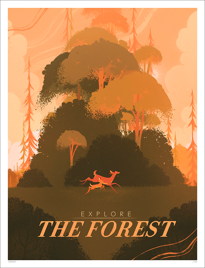 Vintage-style orange forest poster illustration with two running deer and Explore The Forest headline — nature, wildlife travel.