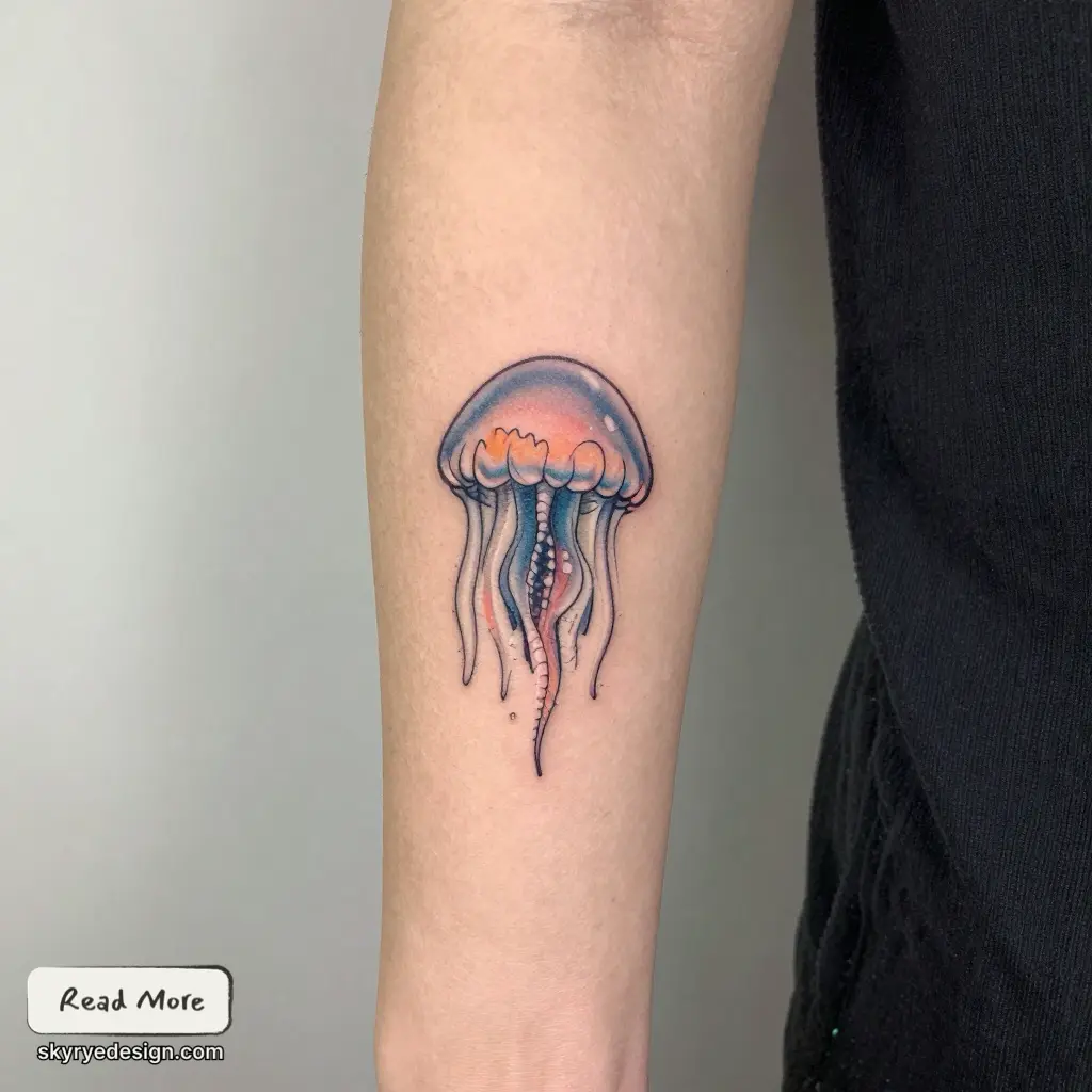 Jellyfish tattoo in pastel blue and pink on inner forearm, delicate linework and flowing tentacles, small marine ink design