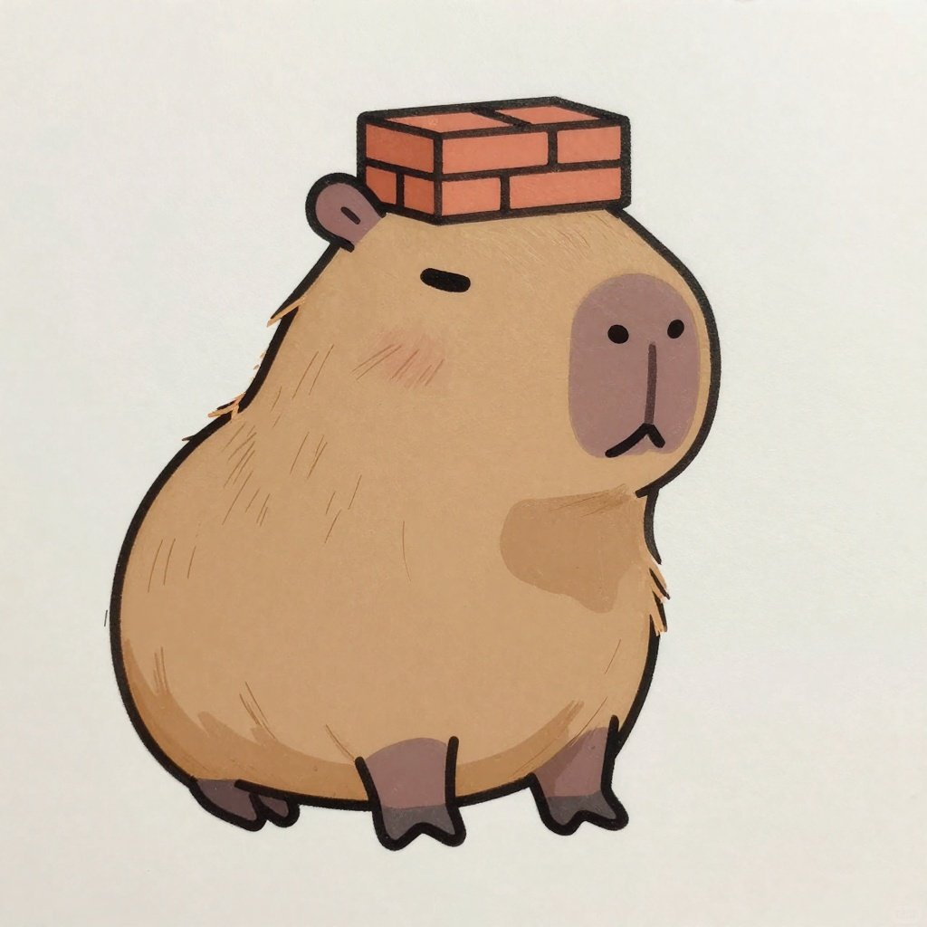 Cute cartoon capybara illustration wearing a small brick-patterned hat on a white background, flat vector-style art