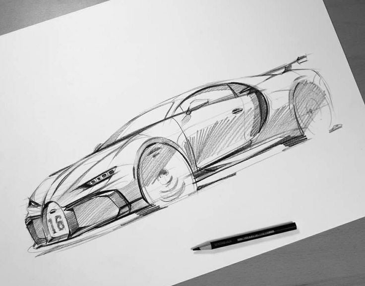 Car sketch: pencil drawing of a sleek supercar concept on white paper, automotive design study with shading and a pencil beside it.