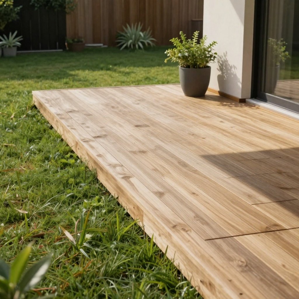 Wooden backyard deck patio in sunlight with potted plant by sliding glass door and lush green lawn