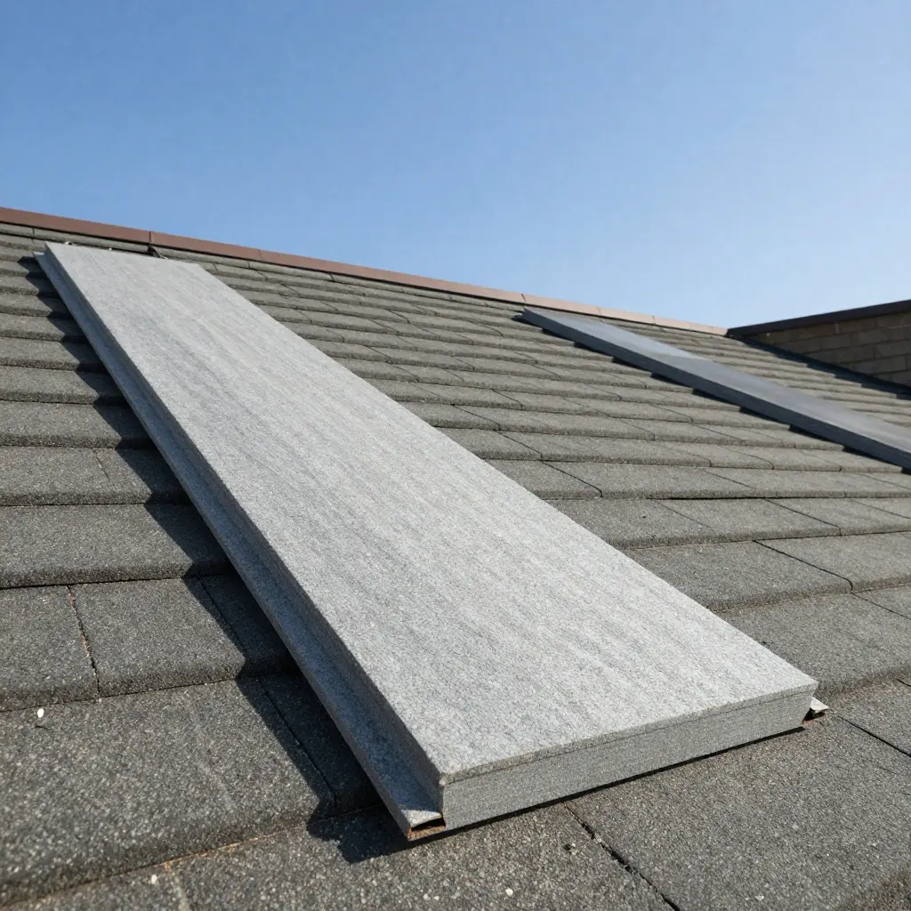 Gray roofing panels on asphalt shingle sloped residential roof, close-up under clear blue sky