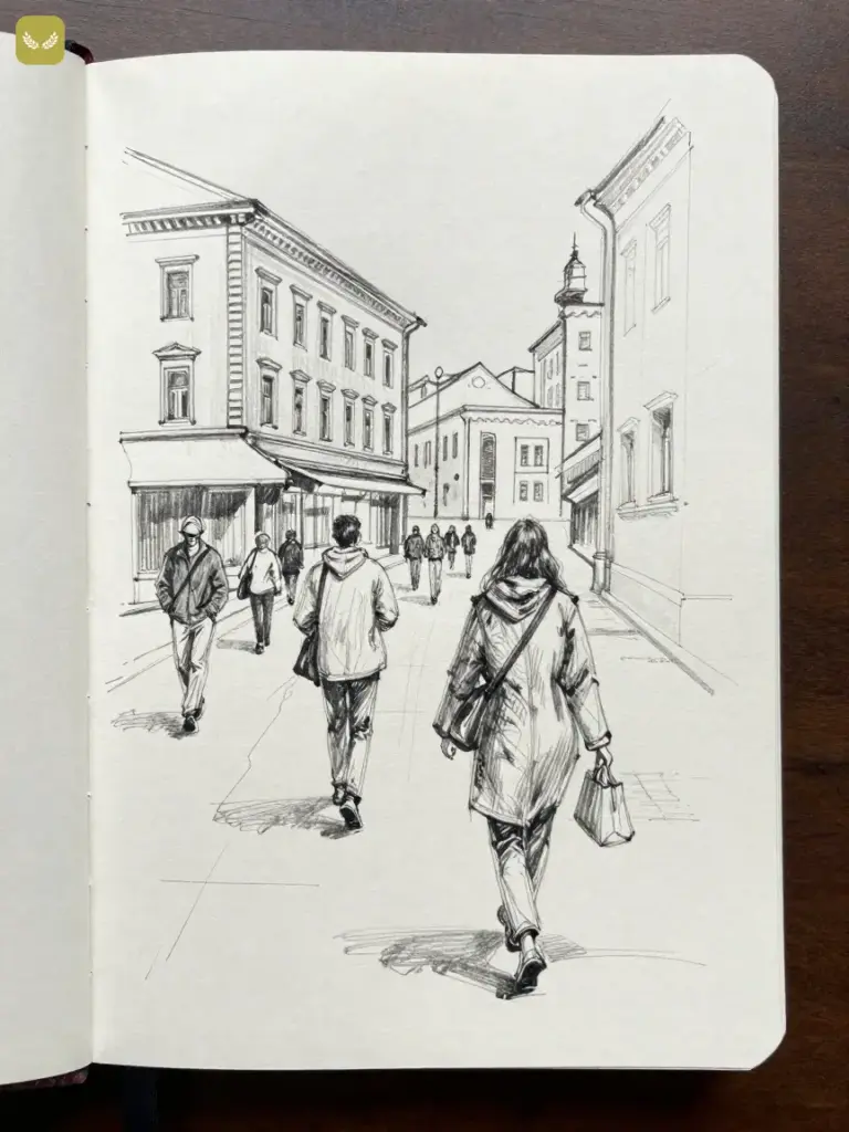 98347be5bea7401cbd0541d6a00bbf60 Black and white sketch of people walking down a European street between historic buildings, captured in an open notebook. | Sky Rye Design Black and white sketch of people walking down a European street between historic buildings, captured in an open notebook.
