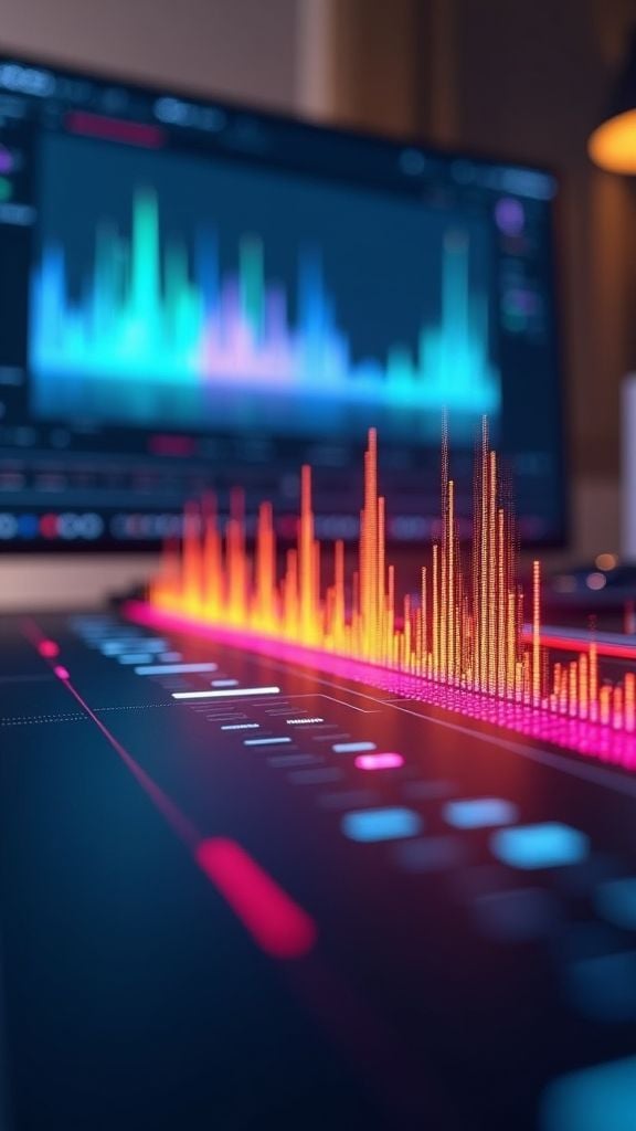Neon 3D audio spectrum visualization with orange, pink and blue bars on a digital mixing console and blurred monitoring screen
