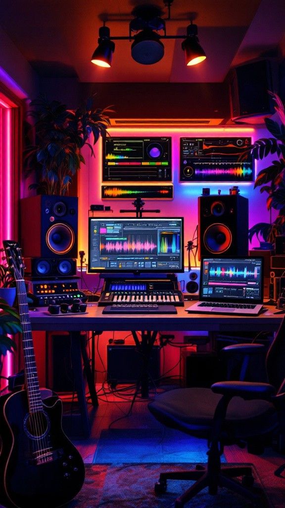 Vibrant home music studio with dual screens, studio speakers, MIDI keyboard, laptop, acoustic guitar and LED lighting with DAW waveforms