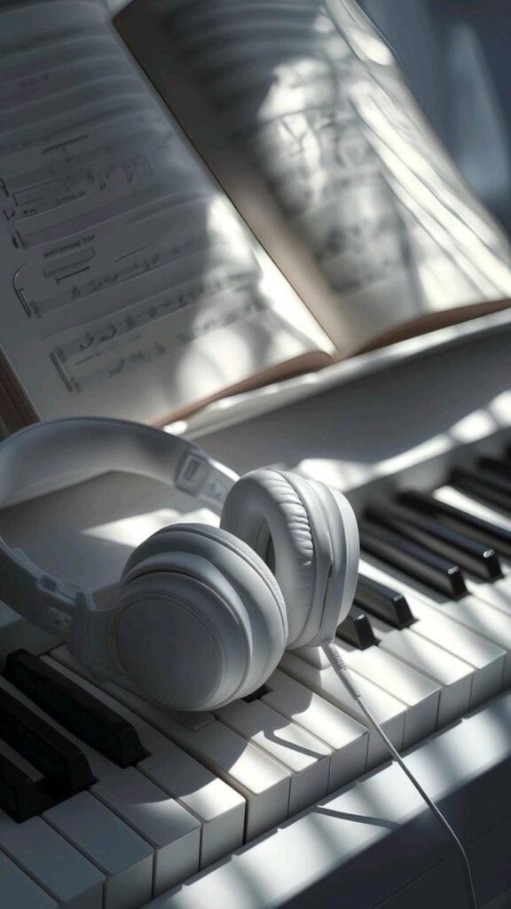 White over-ear headphones resting on a piano keyboard with open sheet music in soft sunlight — music production, piano practice, composition.