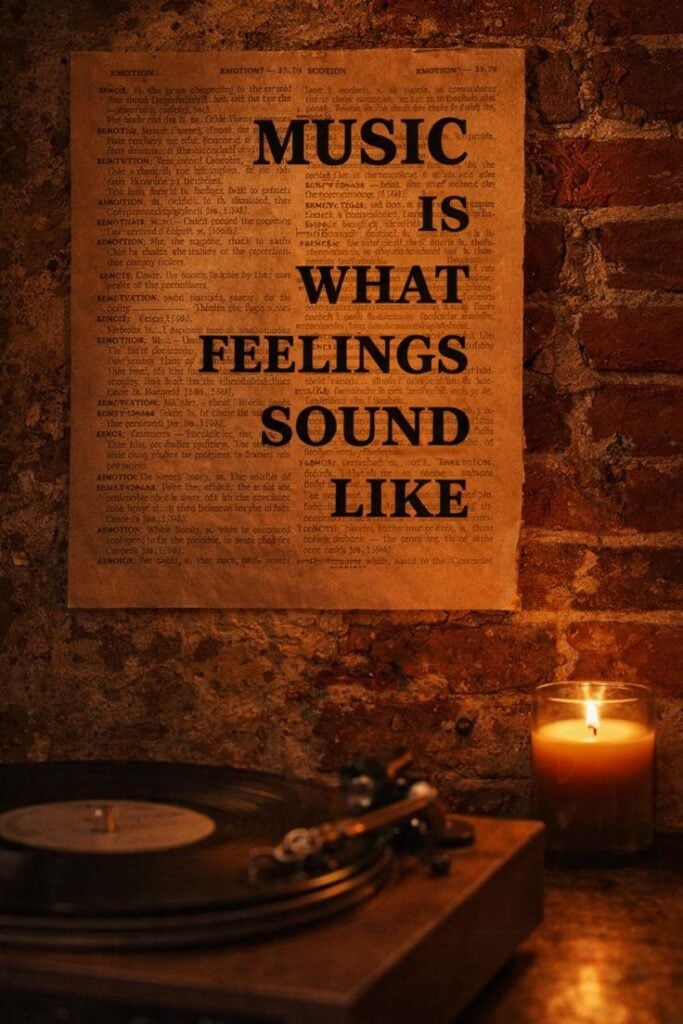 Cozy ambient scene: vinyl record player and lit candle under a vintage music poster reading Music is what feelings sound like.