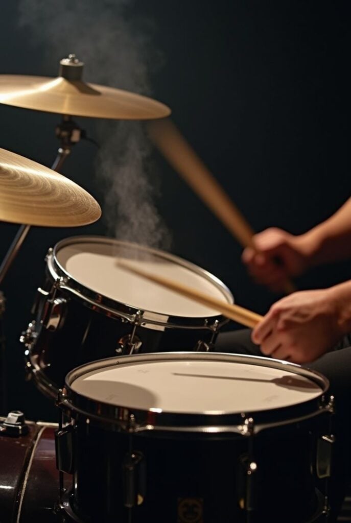Close-up of a drummer playing a drum kit: drumsticks hitting snare and toms, cymbals overhead, motion blur and dust rising, dramatic lighting.