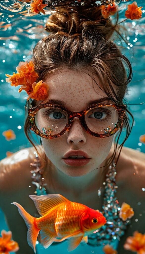 Underwater portrait of a freckled woman wearing decorative tortoiseshell glasses surrounded by orange flowers and a bright goldfish. Best AI Video