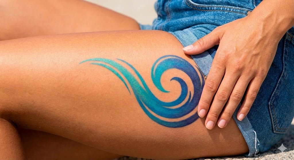 Close-up of blue wave thigh tattoo on woman wearing denim shorts, hand resting — ocean-inspired body art