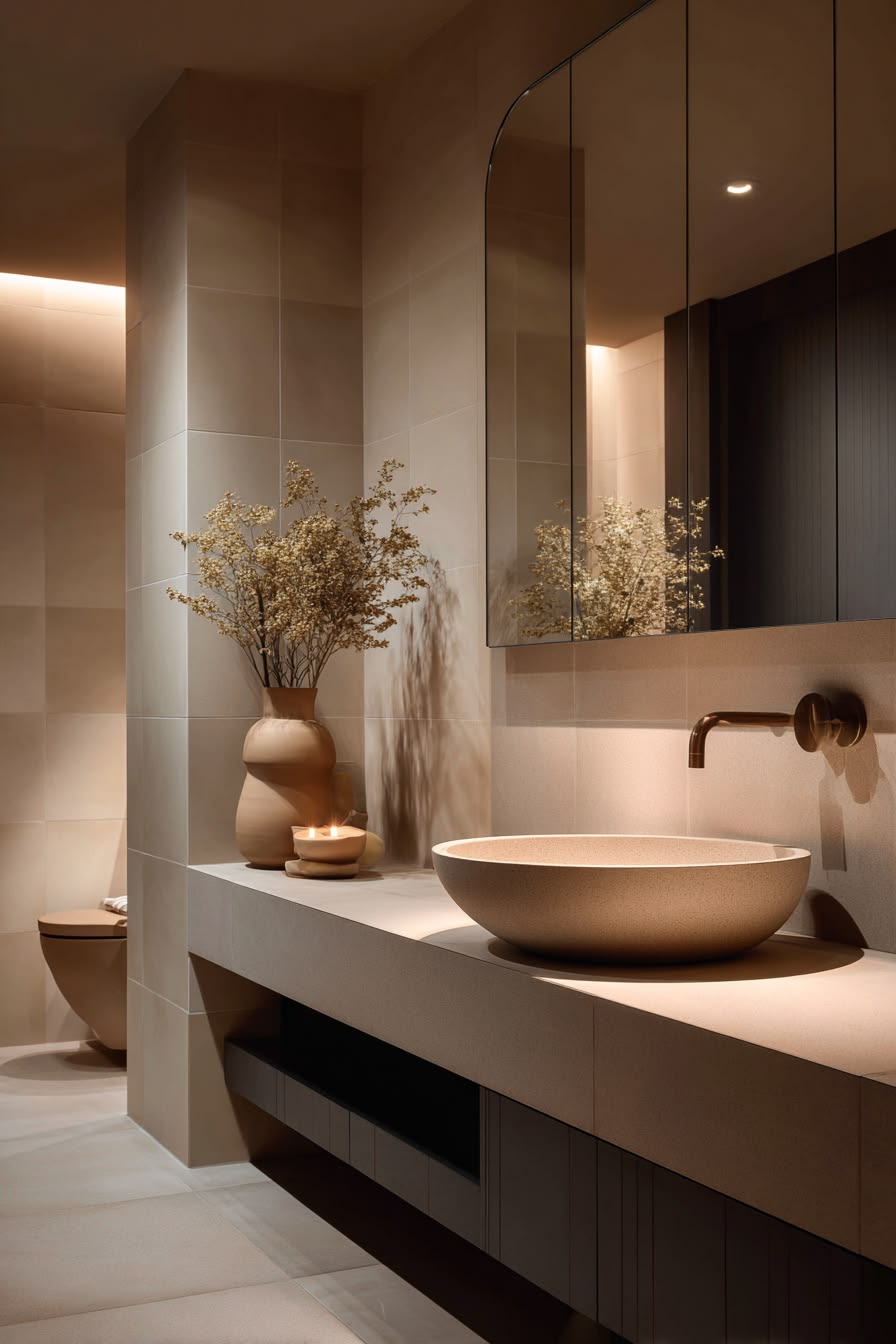 Modern minimalist bathroom with beige stone vessel sink, wall-mounted faucet, neutral tiled walls, vase with dried flowers, warm lighting