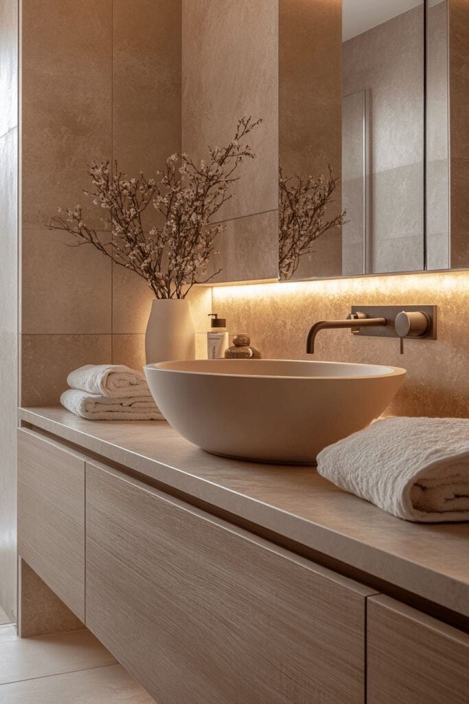 Modern spa-like bathroom vanity with matte vessel sink, wall-mounted faucet, warm LED backlighting, wood cabinets, towels and decorative vase.