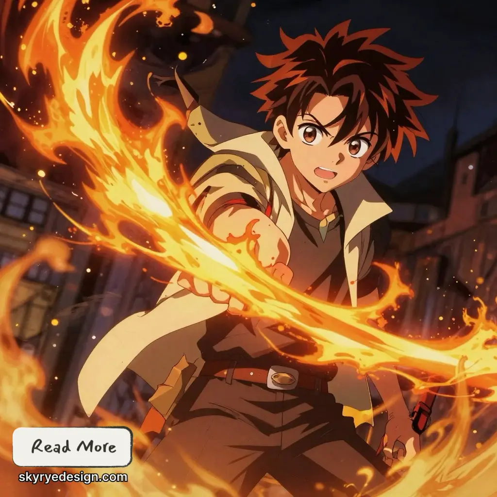 Anime boy conjuring swirling fire magic in nighttime city street, dynamic action scene with glowing flames and determined expression
