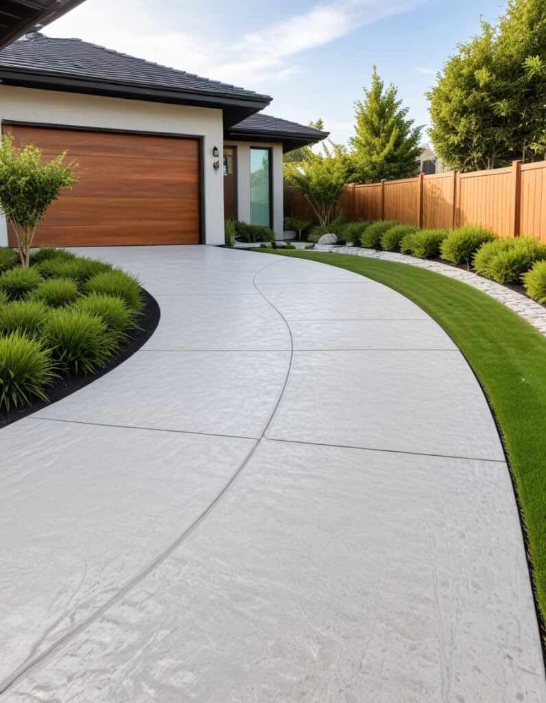 Curved concrete driveway leading to modern home with wooden garage door, manicured lawn, ornamental grasses and wooden privacy fence Architects Approach Compliance