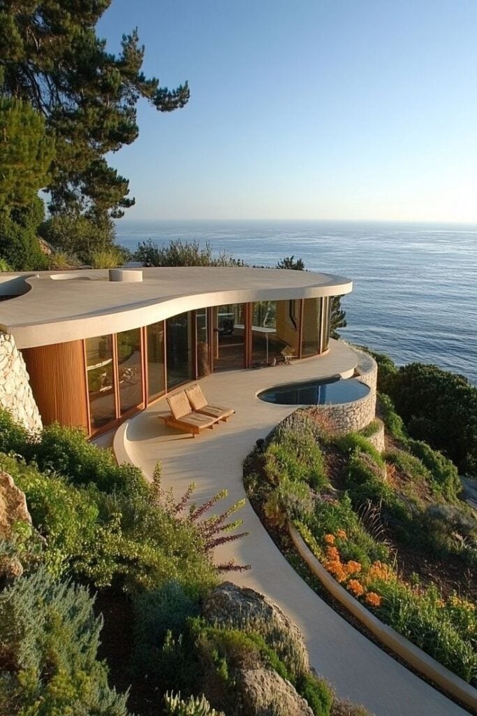 Luxury modern cliffside house with curved glass facade, ocean-view deck, lounge chairs and circular plunge pool surrounded by coastal gardens.