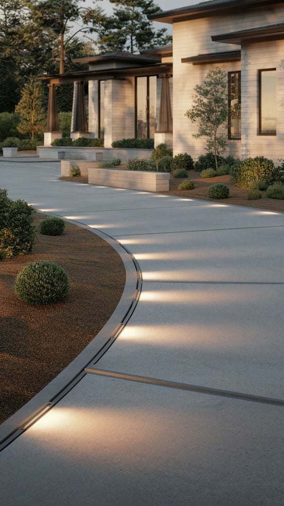 Modern home driveway: curved concrete with recessed LED path lights and minimalist desert landscaping.