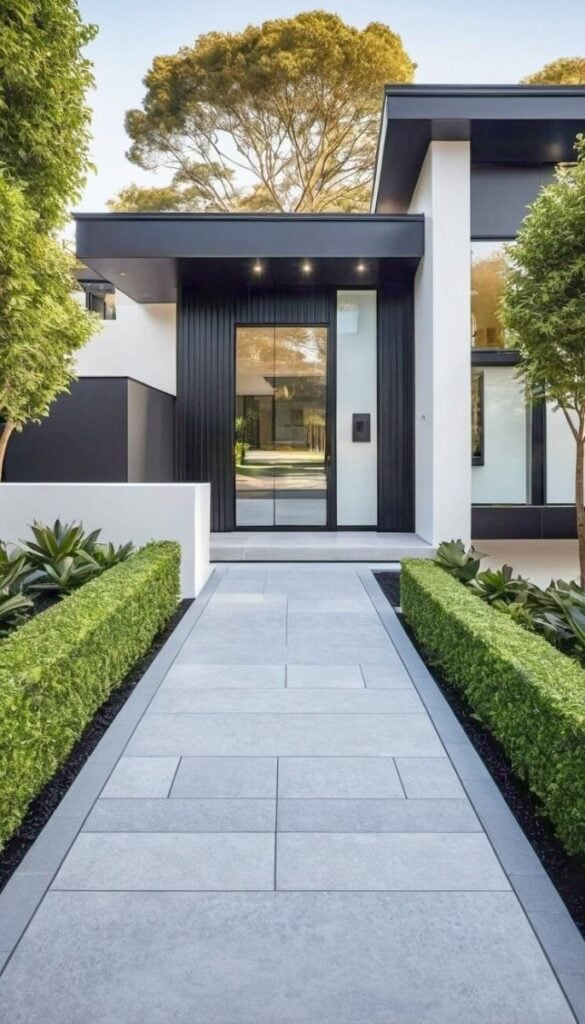 Modern luxury home entrance with gray tiled walkway, manicured hedges and minimalist black-and-white facade with large glass front door