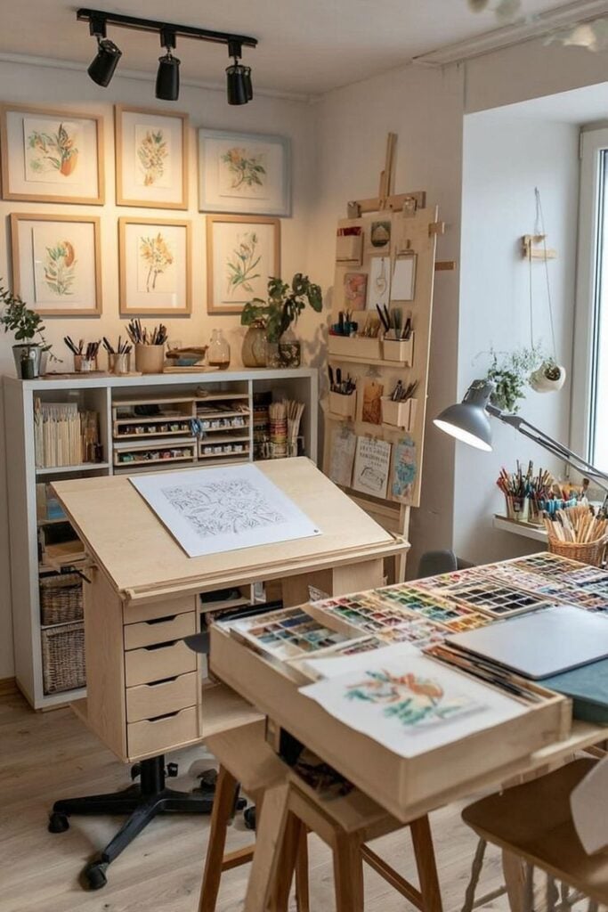 Watercolor artist studio: bright home workspace with palettes, brushes, drafting table, framed botanical paintings and organized art supplies