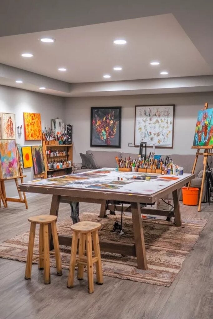 Well-lit modern art studio and creative workspace featuring a large central table, stools, paintbrushes, easels and colorful canvases.