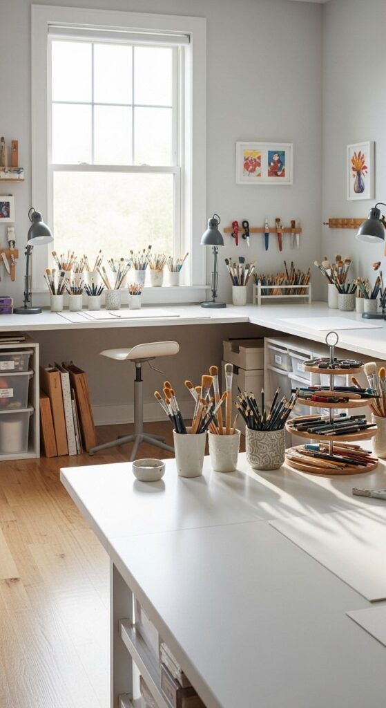 Bright organized art studio workspace with natural light, multiple paintbrushes in jars, lamps, storage drawers and large white worktables.