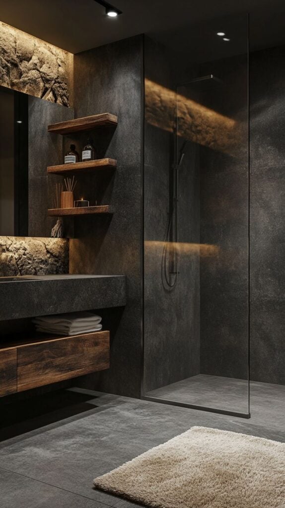 Modern luxury bathroom with dark stone tiles, glass walk-in shower, wooden floating vanity and shelves, warm recessed lighting, plush rug