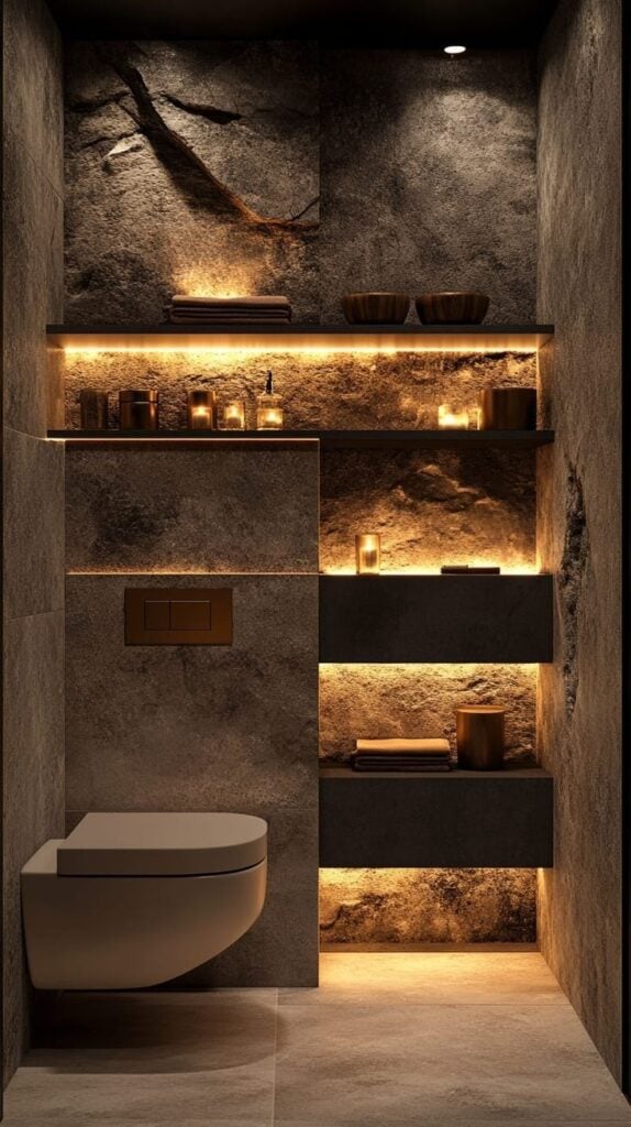Modern luxury bathroom with textured stone walls, wall-mounted toilet and warm LED shelf lighting highlighting towels and decor.