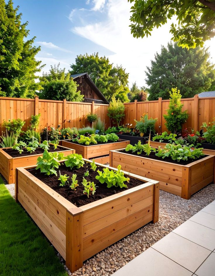 Sunlit backyard with cedar raised garden beds filled with leafy vegetables and herbs, wooden fence and lush trees