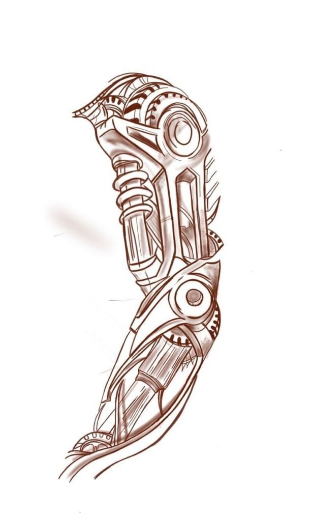 Futuristic mechanical arm illustration — detailed sketch of a robotic prosthetic with exposed gears, pistons, joints and plated armor.