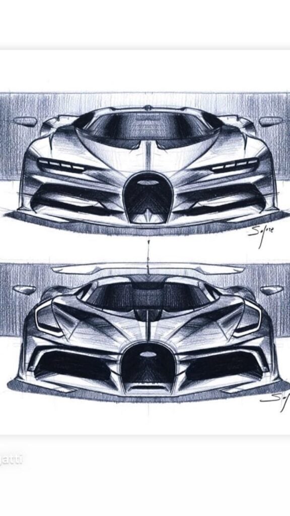 Front-view pen sketch of an aggressive supercar concept (two mirrored designs), aerodynamic lines, bold grille and LED-style headlights.