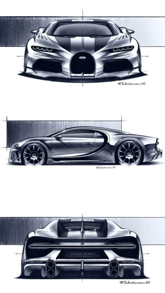 Bugatti Chiron Super Sport concept sketches showing front, side and rear views in monochrome hypercar design sketch.