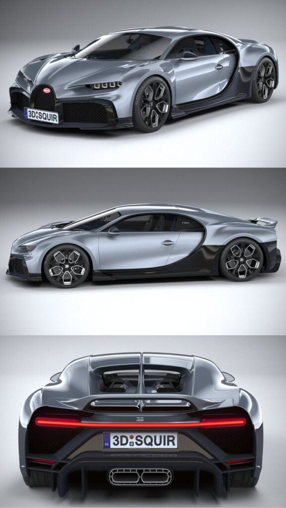 Silver Bugatti Chiron luxury hypercar 3-view 3D render - front three-quarter, side and rear perspectives, aerodynamic design