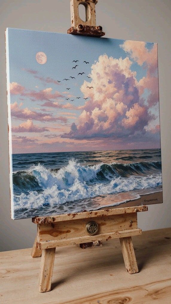 Seascape canvas painting of sunlit ocean waves crashing on a sandy shore beneath pink clouds and moon, displayed on a rustic wooden easel.